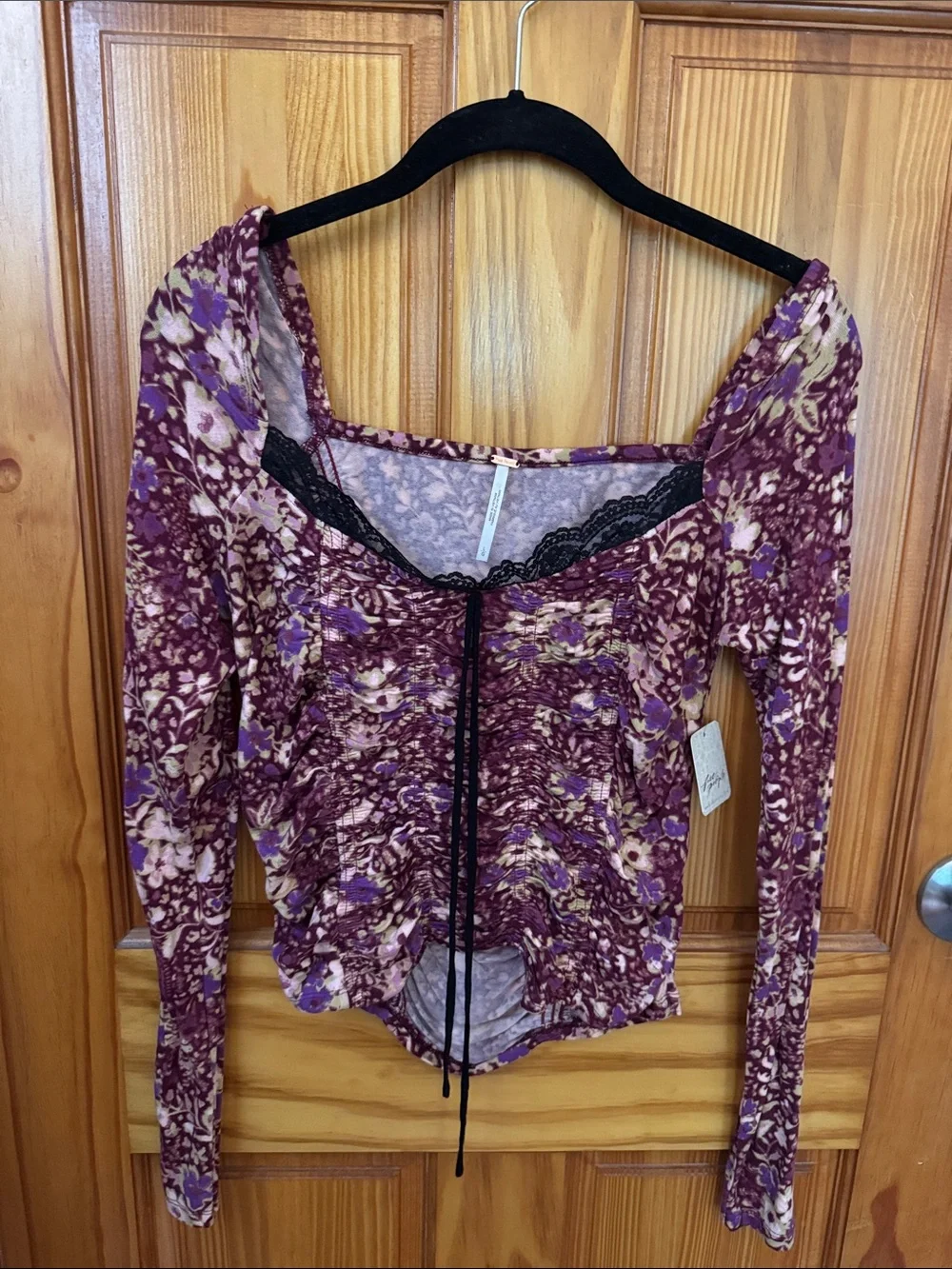 NWT Free People Purple Floral Lace-Trim Long Sleeve Women's Top